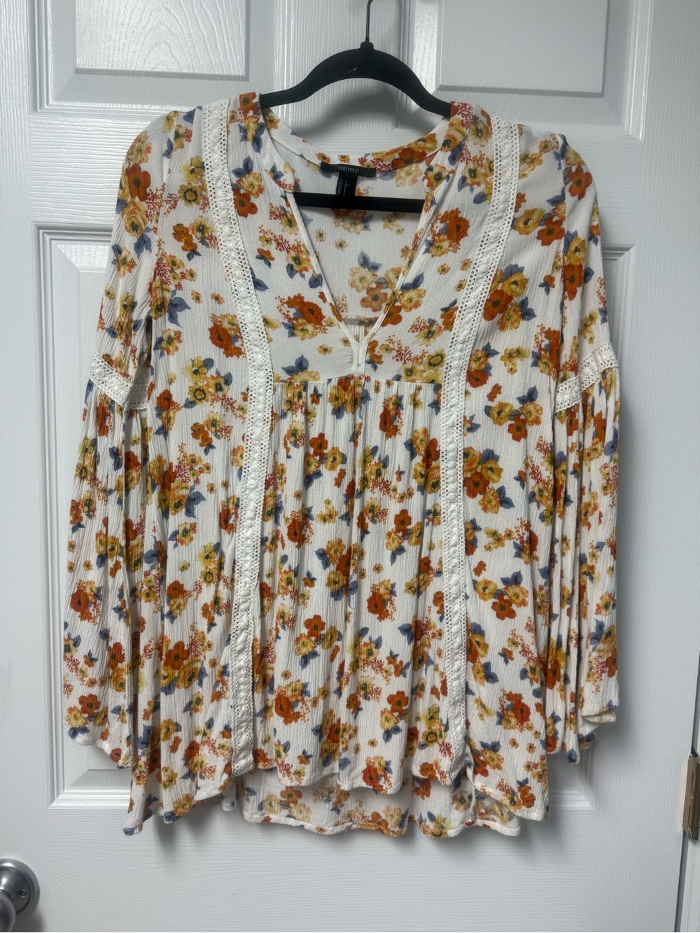 Forever 21 White Floral Lace-Trim Boho Tunic